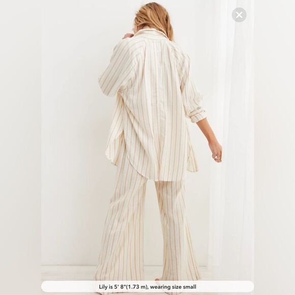 Aerie Two-Piece Set – Striped Button-Down Shirt L High-Waist Wide-Leg Pants M - Picture 14 of 16